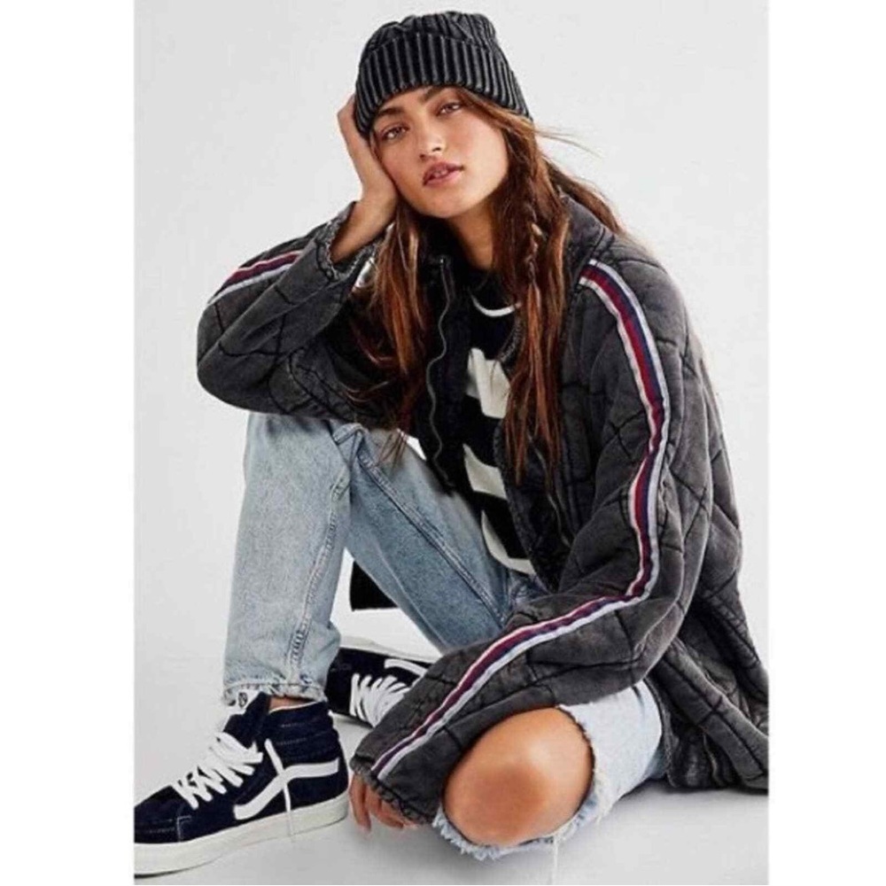 Free People Dolman Quilted Jacket Sport Stripe Black Noir Charcoal Size M